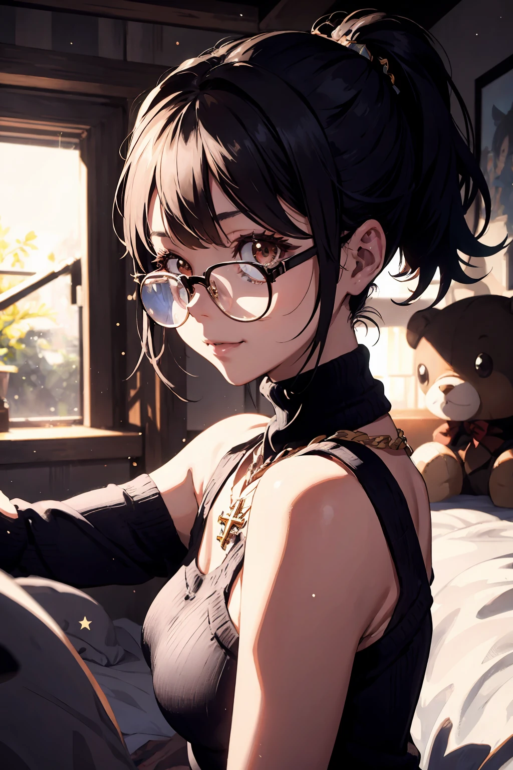 ((masterpiece)),best quality,((perfect face)),(super detailed),sharp focus,(beautiful),adult,(best quality),depth of field,rich in details and textures,shiny skin,light particles,lens flare,Fine dust reflected in light, Amazing, finely detail, 1girls, EPShizuku, solo, round_eyewear, medium_breasts, looking at viewer,upper body, tattoo, inverted_cross, necklace, <lora:EPShizuku-10:0.7>,
BREAK
Fair Isle knit sweater, from side, bedroom, (plush), dusk, claw pose, seductive smile