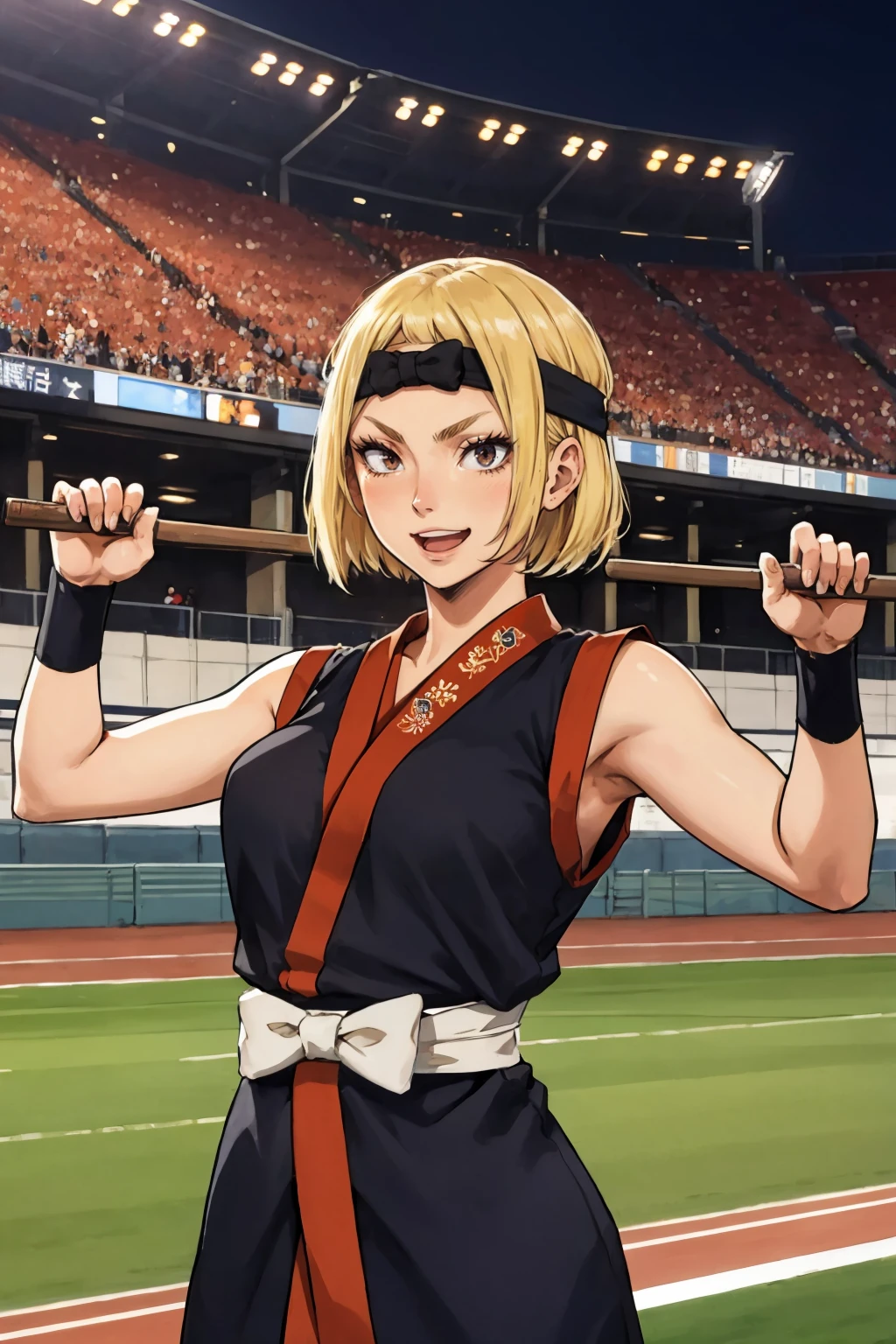 masterpiece, best quality, <lora:tanakasaeko-nvwls-v1-000009:0.8> tanaka saeko, blonde hair, headband, japanese clothes, black kimono, sleeveless, sash, outdoors, sports stadium, solo, furrowed brow, :D, holding drumsticks, drumsticks, looking at viewer, cowboy shot, raised arms