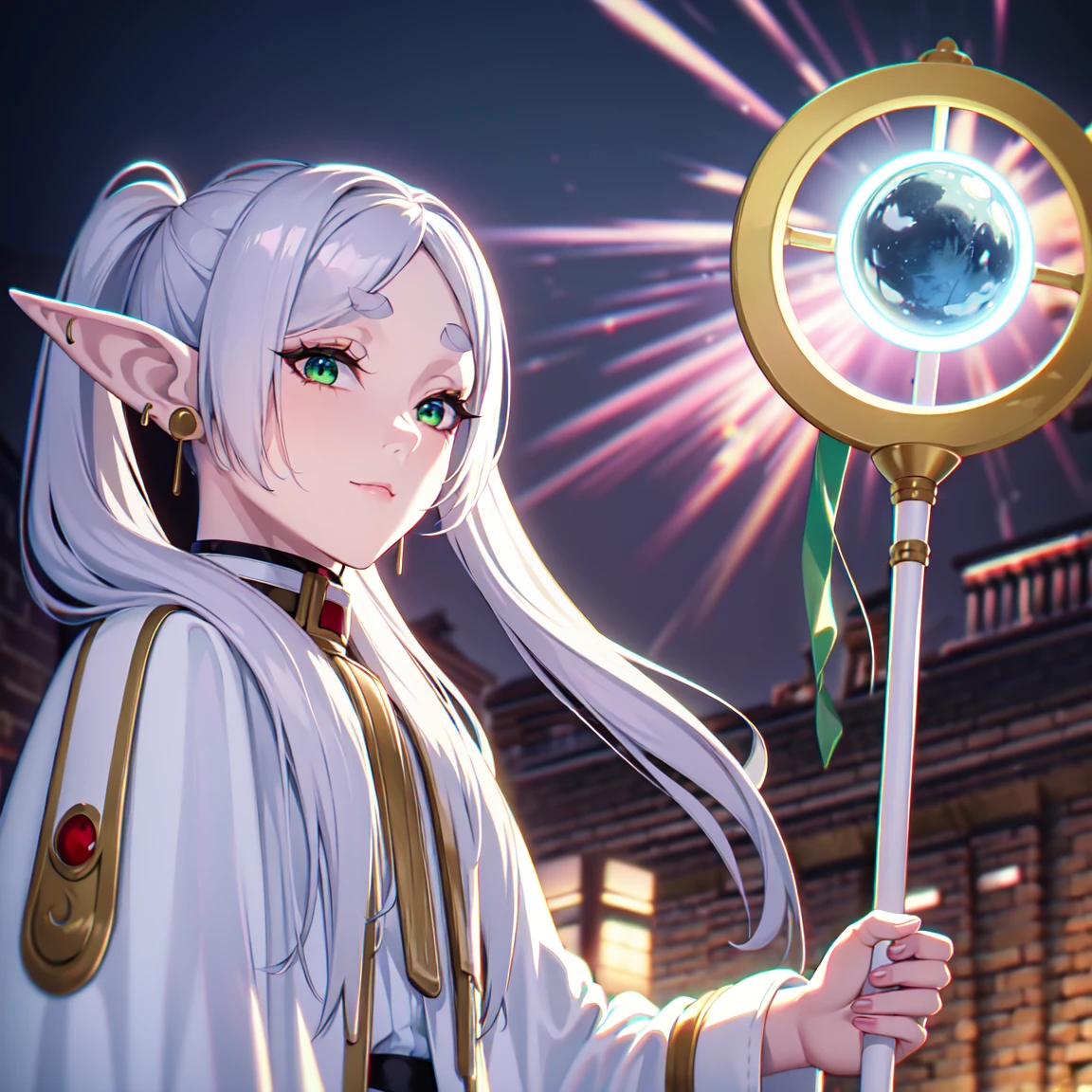 masterpiece,best quality,1girl,solo,elf,green eyes,jewelry earrings,parted bangs,white hair,
short_thick_eyebrows,
cowboy shot,upper body,looking at viewer,closed mouth,white capelet,white long sleeves,white robe,white skirt,black pantyhose,holding staff in hands,night,night sky,