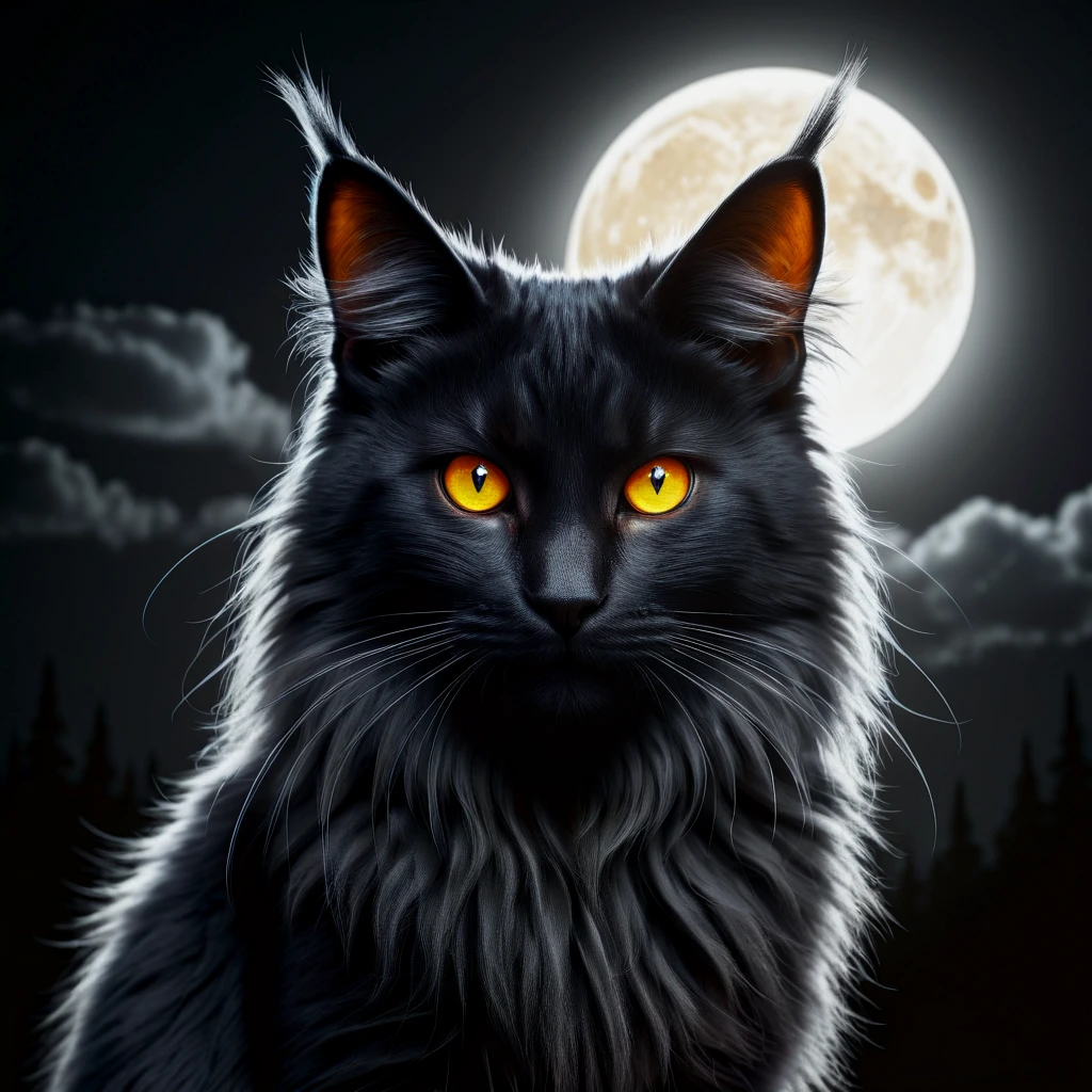 black fluffy gorgeous dangerous cat animal creature, large orange eyes, big fluffy ears, piercing gaze, full moon, dark ambiance, best quality, extemely detailed