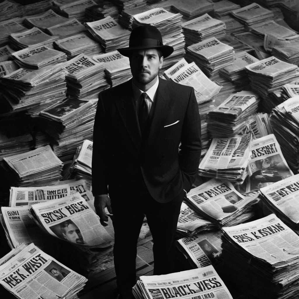 Dark Fantasy Art of  <lora:Kodak Motion Picture Film Style:1.2>
An Oscar winning black and white movie for Best Cinematography a high angle shot of a man in a suit and hat standing in a pile of newspapers looking up to the camera Kodak Motion Picture Film Style, dark, moody, dark fantasy style
