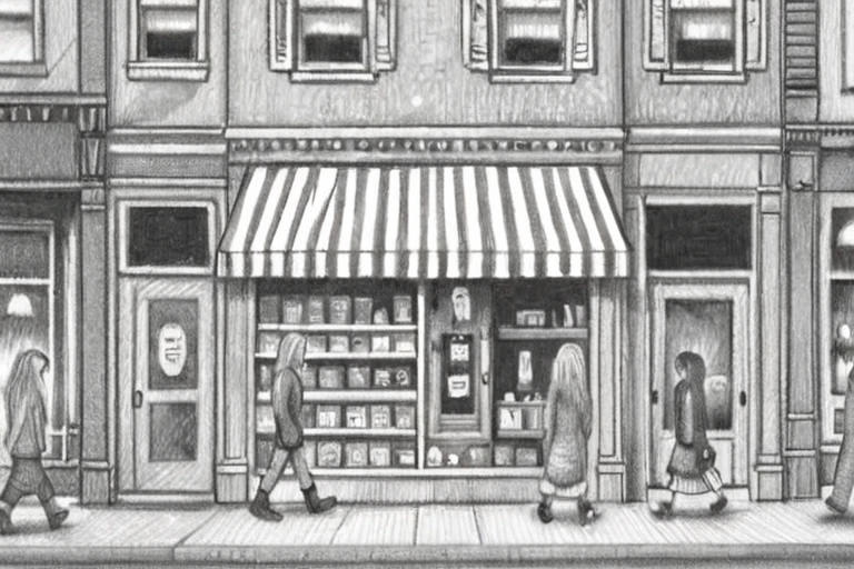 a drawing of a storefront with people walking by by Brian Selznick <lora:Brian_Selznick_Style_XL:1>