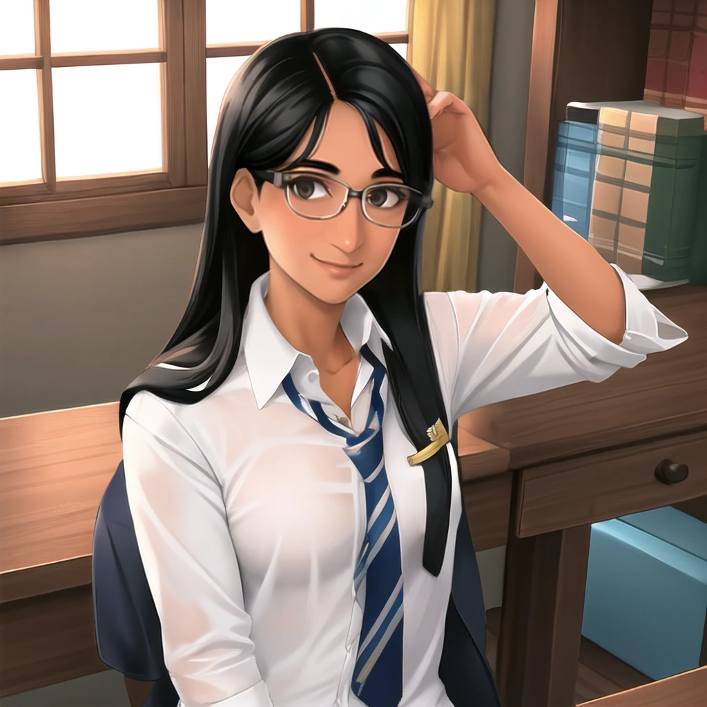RowanKhanna, solo, glasses, upper body, long hair, (white shirt, collared shirt), color necktie, striped necktie, medium breasts, looking at viewer, smile, indoors, <lora:RowanKhanna_v1:0.6>