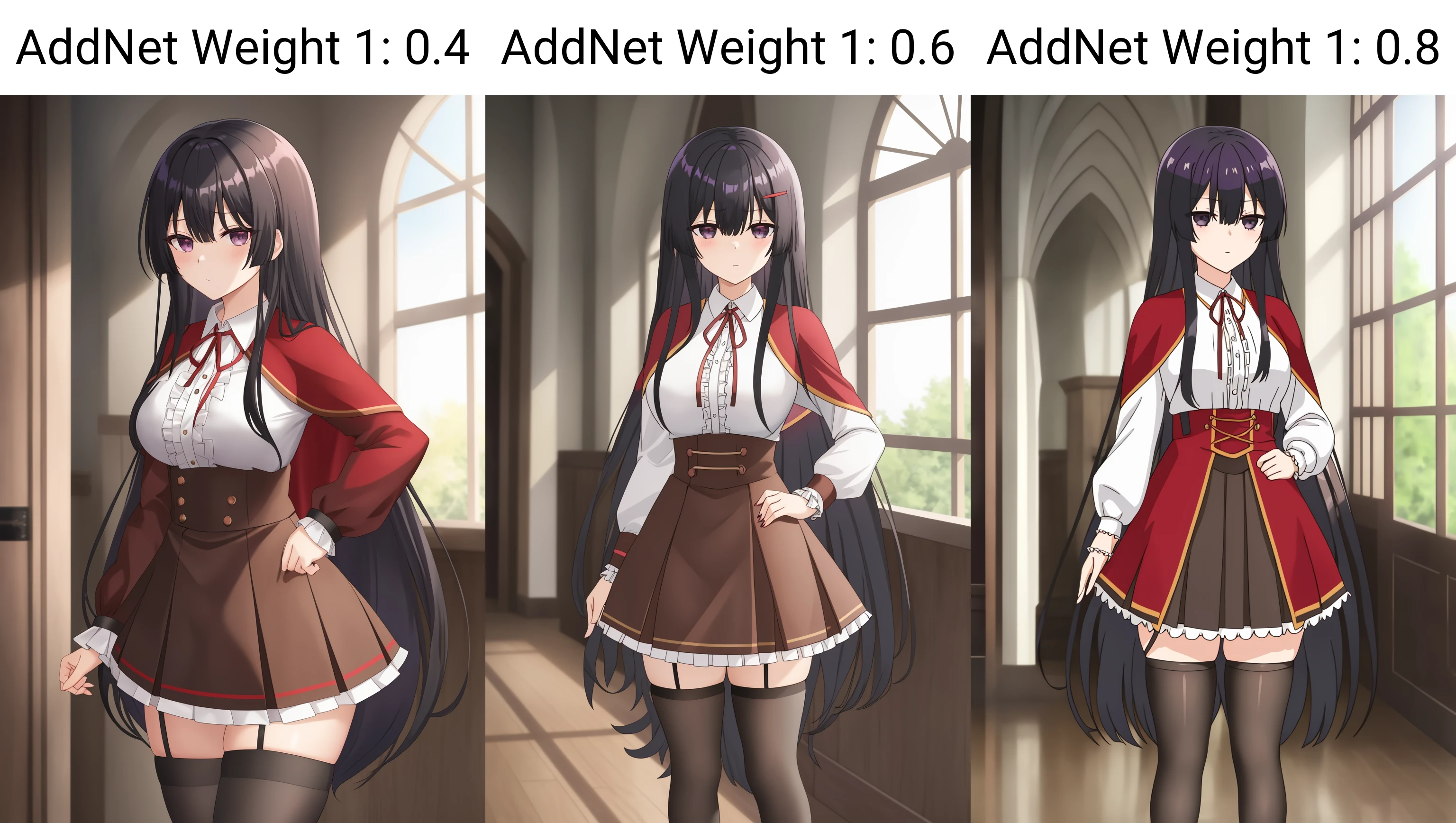 yumiella, 1girl, solo, long_hair, breasts, looking_at_viewer, bangs, black_hair, thighhighs, long_sleeves, hair_between_eyes, grey_eyes, very_long_hair, closed_mouth, standing, white_shirt, sidelocks, pleated_skirt, frills, puffy_sleeves, collared_shirt, black_thighhighs, miniskirt, black_eyes, red_ribbon, zettai_ryouiki, dress_shirt, neck_ribbon, capelet, feet_out_of_frame, red_skirt, expressionless, indoor, straight_hair, puffy_long_sleeves, high-waist_skirt, brown_skirt, red_cape, brown_thighhighs, hands_on_hips