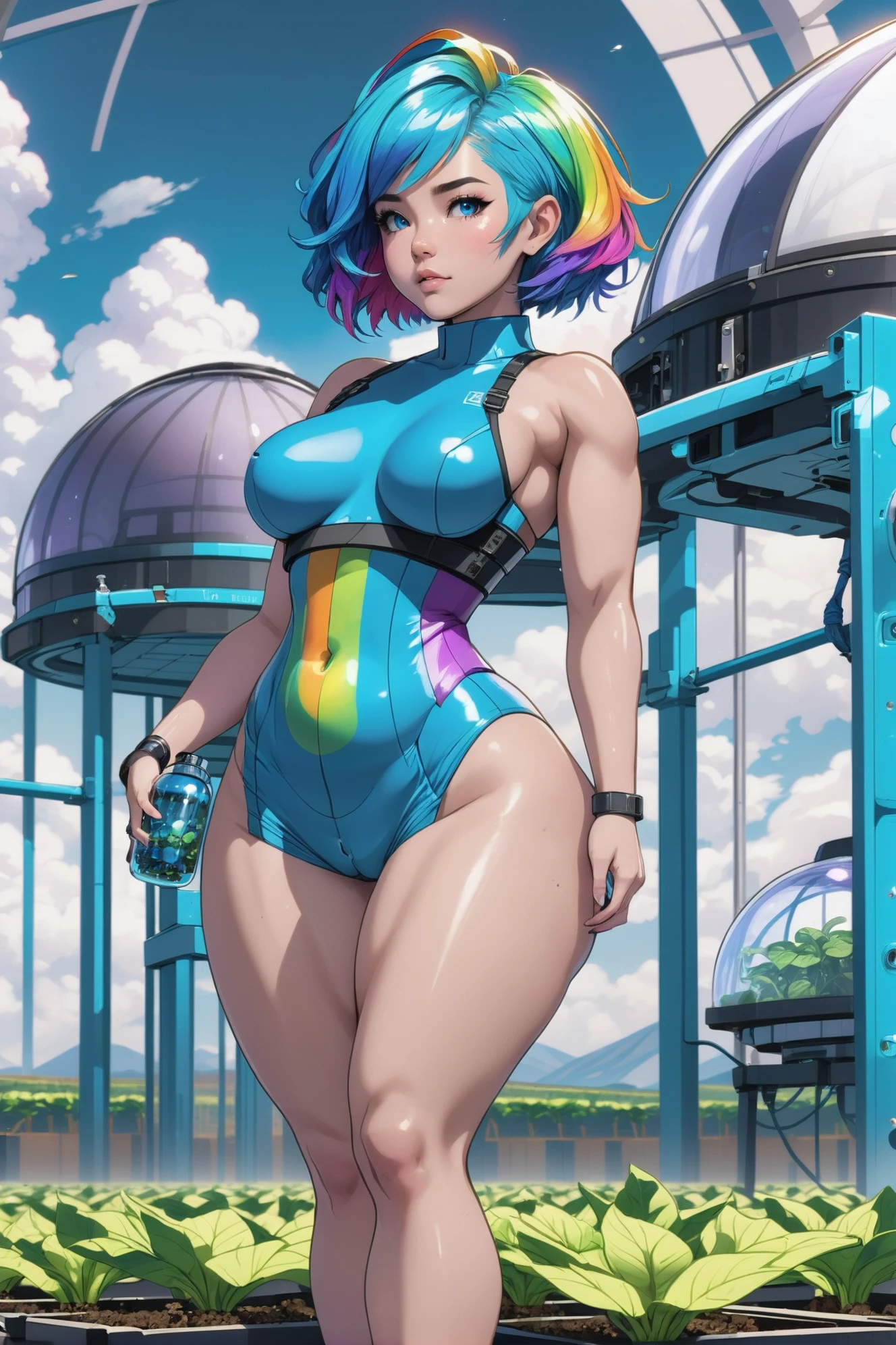 1girl, woman, scifi, solarpunk,neon nomad, netrunner, full body, wearing skin-tight infra bright azure outfit, bombshell hair, matte rainbow hair, Blowout,short hair, chubby, narrow waist, medium breasts, (asian:1.3), (noon, blue sky, clouds, scenery, in a Hydroponic Farm Domes:1)<lora:EnvyHourglassFigureXL01:1>