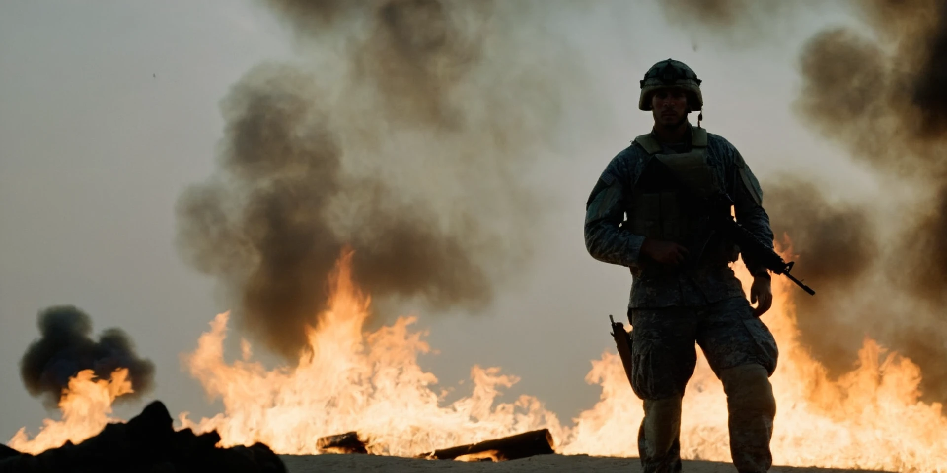 cinematic film still of  <lora:Kodak Motion Picture Film Style:1> HDR
<lora:cinematic vintage film:1> cinematic vintage film style
An Oscar winning movie for Best Cinematography a "silhouette soldier" is standing in front of a fire in gulf war Kodak Motion Picture Film Style, shallow depth of field, vignette, highly detailed, high budget, bokeh, cinemascope, moody, epic, gorgeous, film grain, grainy