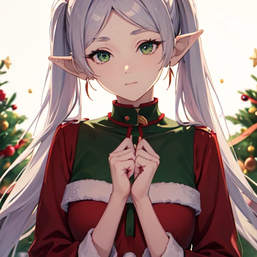 christmas costume,red and green attire,holiday festivities,masterpiece,best quality,1girl,solo,<lora:testFRI-000004:1:lbw=KEEPCHAR>,