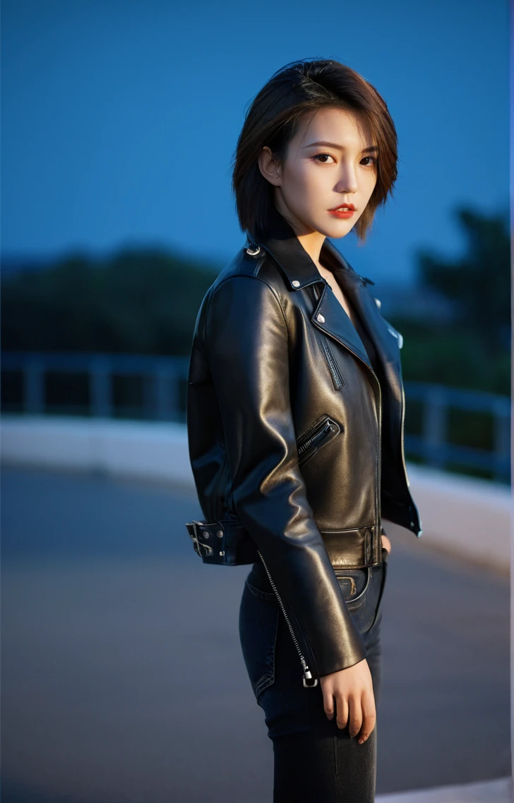 cinematic photo of (masterpiece,best quality,ultra high res:1.1),exquisite face,skin texture,face_focus,(photo-realistic:1.1),
1girl,20yo,looking at viewer,side_light,
<lora:EasyFix>,(overfit style:1.3),<lora:fengmumu_XL_0_:1>,fengmumu,(character portrait:1.2),(Leather_biker_jacket:1.4),(Skinny_black_jeans:1.3),(Ankle_boots_with_buckles:1.2),, 35mm photograph, film, bokeh, professional, 4k, highly detailed