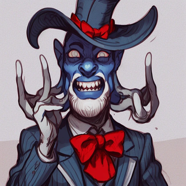 1boy, male focus, solo, hat, realistic, bowtie, bow, facial hair, smile, top hat, teeth, looking at viewer, formal, open mouth, own hands together, blue eyes, suit, mustache, red bow