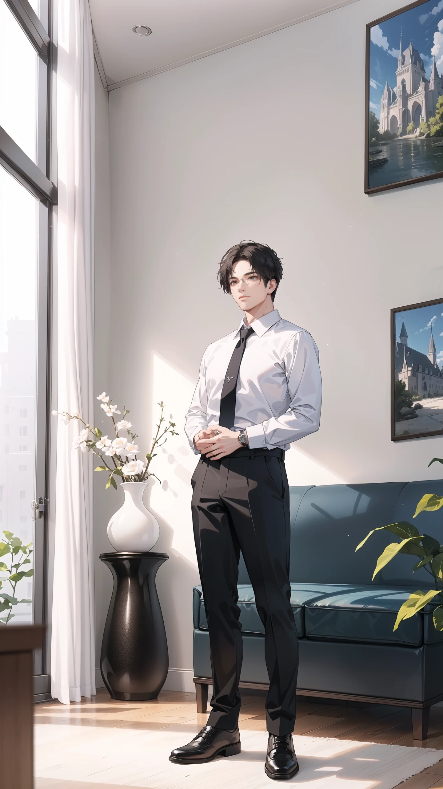(masterpiece:1.2), (best quality:1.2), (extremely detailed:1.2), (photorealistic:1.2),(illustration:1.2),(beautiful and aesthetic:1.3),beautiful scenery,(Masterfully crafted Glow,lens flare),
(realistic:1.3), (extremely intricate:1.2), (photorealistic:1.4), (extremely delicate), (ultra realistic:1.3),(hyperrealistic 3d render), hyperrealistic photography, extremely detailed CG unity 8k wallpaper, HDR, RAW photo, dslr,
ceo,1male,mature male,solo,male focus,(full body:1.3),standing,black hair,side-split bangs,slender eyes,low brow, square jaw,(tanned brown skin:0.9),close mouth, formal,collared shirt,necktie,open jacket,black suit,black blaze,black pants,tall muscular guy,handsome face,sharp focus, wide shot,
day,indoors, living room, (intricately detailed visible background:0.6),((caustic)), floor windows, blue sky, curtains,table, couch, building, plant,reflective floor, cloud, wooden floor, dramatic shadow,bookshelf, railing, carpet,vase, hanging pictures, potted plant,
colourful,(Cinematic masterpiece),splashes of colour,beautiful, (center focus), symmetrical,(detailed glow),(intricately detailed visible background:0.6),ambient occlusion,diffuse lighting,fantasy, highly detailed, photorealistic, digital painting, artstation, illustration, concept art, smooth, modern and trendy,
<lora:2male_alpha:0.7>
