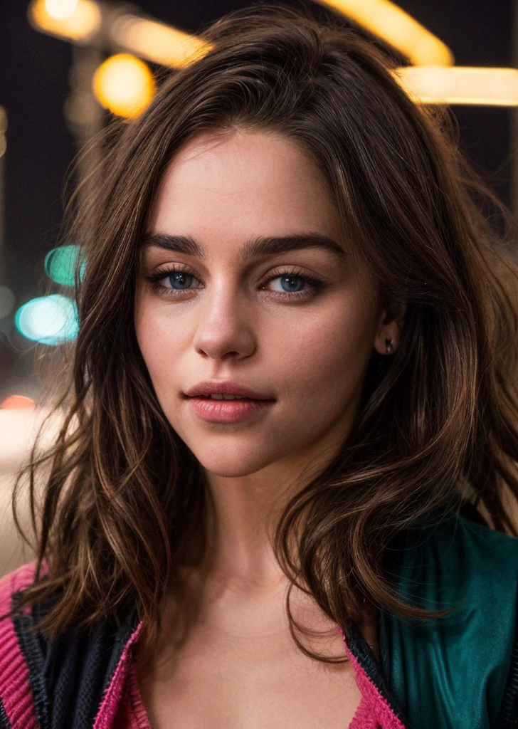 <lora:emlclrk2-24:1> a photo of emlclrk2, wearing sweater,brown hair,long wavy hair,extreme close-up,city street,night,neon lights,masterpiece,highly detailed,8k,bokeh,extreme dof,soft lighting <lora:add_detail:1> (add_detail:1.3)