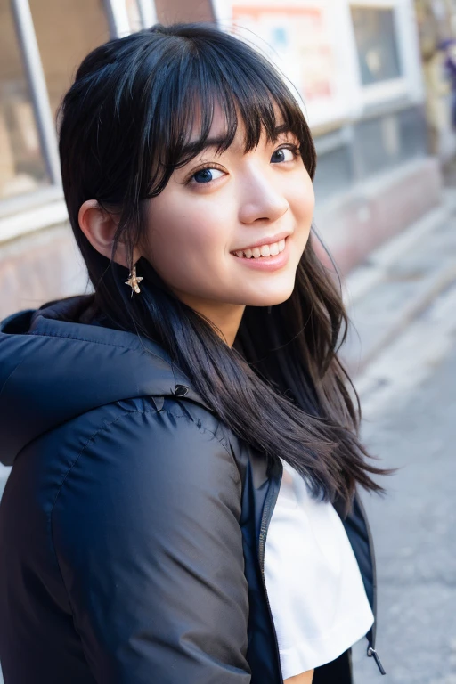 1girl, (wearing a cropped top and parka:1.4),(RAW photo, best quality), (realistic, photo-realistic:1.4), masterpiece, an extremely delicate and beautiful, extremely detailed, 2k wallpaper, Amazing, finely detail, extremely detailed CG unity 8k wallpaper, ultra-detailed, highres, soft light, beautiful detailed girl, extremely detailed eyes and face, beautiful detailed nose, beautiful detailed eyes,cinematic lighting,(in the city:2.2),perfect anatomy,(slender body:1.0),(close-up shot:2.6),(laugh,Friendly , warm:2.0),(looking at viewer:2.2),(young japanese idol:1.8),(wavy long hair:1.8), (brown eyes:1.8),<lora:shindouamane_lora-11:0.8>
