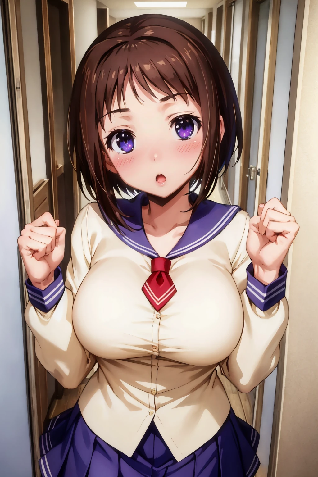 masterpiece, best quality, <lora:wakanaui-nvwls-v1-000010:0.9> wakana ui, serafuku, white shirt, long sleeves, blue skirt, upper body, portrait, hands up, fists, blushing, :o, looking at viewer, hallway, large breasts
