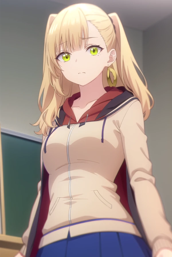 mikenekotani, <lora:mike nekotani s1-lora-nochekaiser:1>,
mike nekotani, long hair, bangs, blonde hair, (green eyes:1.3), fang, two side up,
BREAK skirt, jewelry, jacket, earrings, open clothes, hood, miniskirt, black skirt, blue skirt, hoodie, cardigan, open cardigan,
BREAK indoors, classroom,
BREAK looking at viewer,
BREAK <lyco:GoodHands-beta2:1>, (masterpiece:1.2), best quality, high resolution, unity 8k wallpaper, (illustration:0.8), (beautiful detailed eyes:1.6), extremely detailed face, perfect lighting, extremely detailed CG, (perfect hands, perfect anatomy),