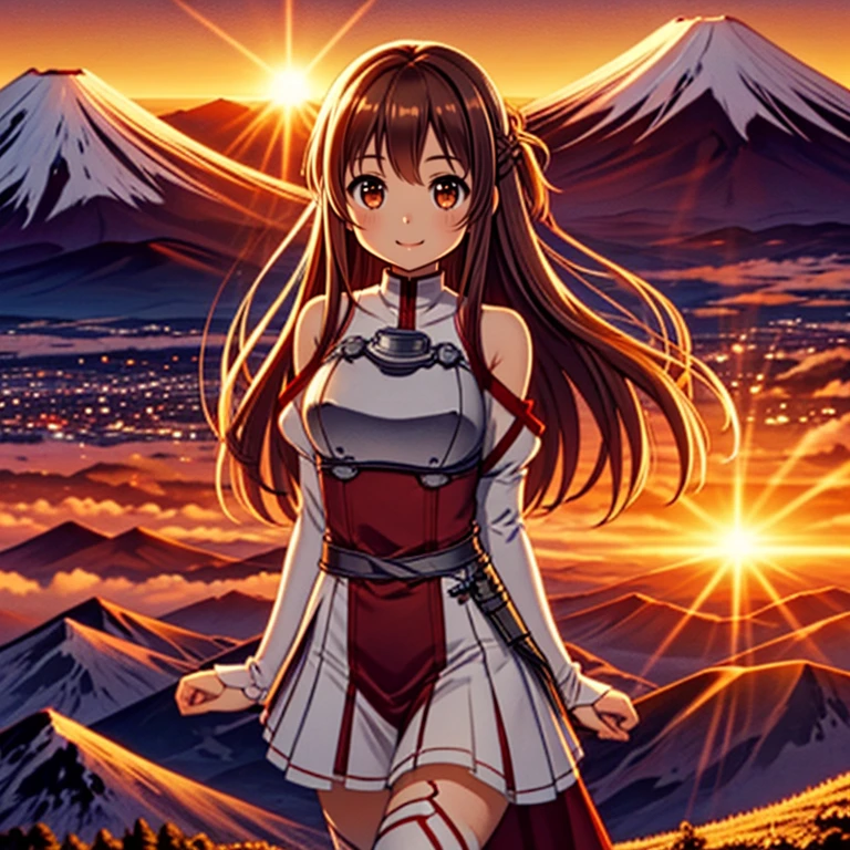 <lora:LCM_LoRA_Weights_SD15:1>,masterpiece,best quality,highly detailed,1girl,solo,light smile,smile,
<lora:asuna_(sao)_v1:0.7>,aaasuna,long hair,brown hair,braid,brown eyes,bare shoulders,armor,breastplate,white sleeves,detached sleeves,red skirt,pleated skirt,white thighhighs,
BREAK
<lora:happyNewYear:0.4>,firstSunrise,outdoors,mountainous horizon,sunset,sunlight,city,ocean,sunrise on mount fuji,