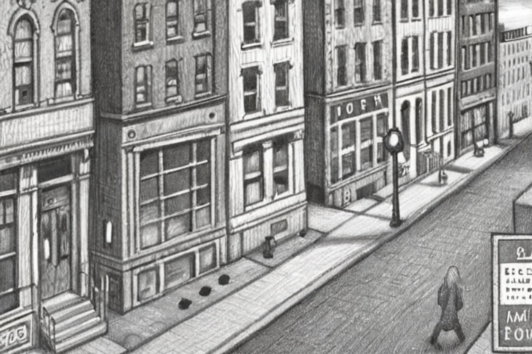 a drawing of a city street with a person walking by Brian Selznick <lora:Brian_Selznick_Style_XL:1>