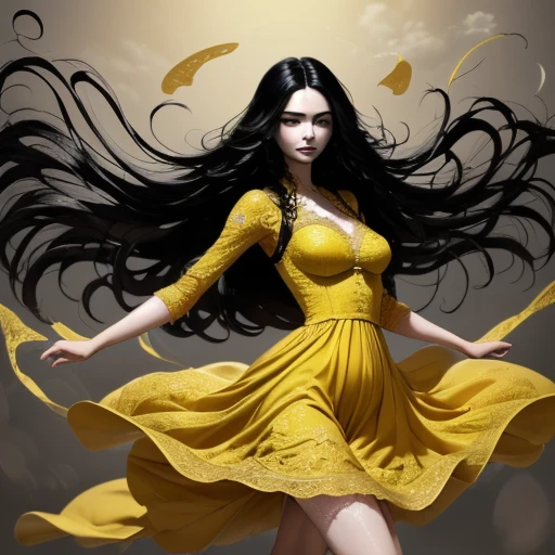 <lora:é¿å飿¬:1>,a best beauty black long hair wears yellow lace dress long hair flying,absurdres,