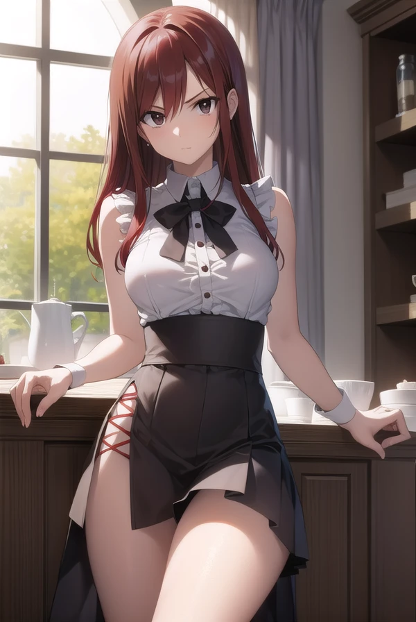 erzascarlet, <lora:erza scarlet v2-lora-nochekaiser:1>,
erza scarlet, long hair, (red hair:1.5), hair between eyes, (brown eyes:1.7),
BREAK skirt, shirt, bow, boots, sleeveless, sleeveless shirt, tattoo, white shirt, frills,
BREAK indoors, guild, bar,
BREAK looking at viewer,
BREAK <lyco:GoodHands-beta2:1>, (masterpiece:1.2), best quality, high resolution, unity 8k wallpaper, (illustration:0.8), (beautiful detailed eyes:1.6), extremely detailed face, perfect lighting, extremely detailed CG, (perfect hands, perfect anatomy),