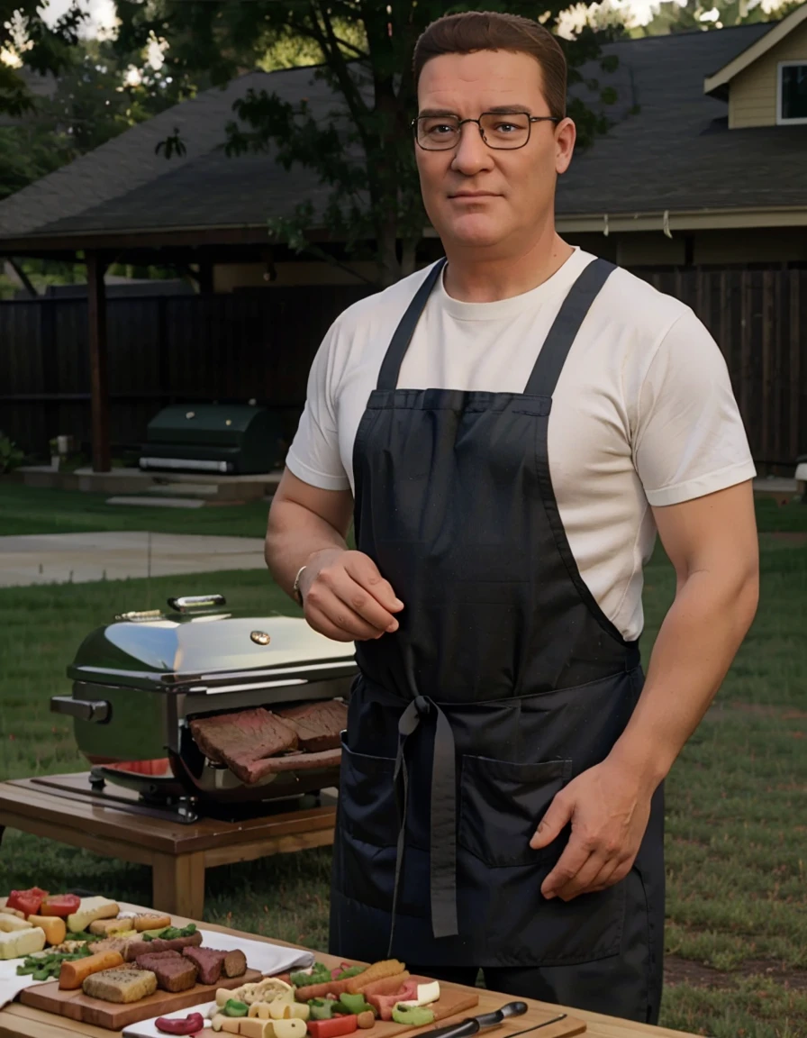 iphone photo (best quality, masterpiece:1.2),photorealistic,photo,large depth of field,deep depth of field,highly detailed,detailed background,realistic film photography, hank hill,portrait,wearing apron,backyard,barbecue,steak, <lora:hank_hill_sd_1.5_v1:0.9>
