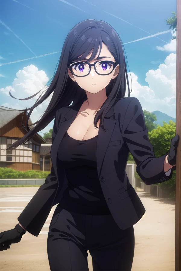 hizuruminakata, <lora:hizuru minakata s1-lora-nochekaiser:1>,
hizuru minakata, long hair, black hair, glasses, (purple eyes:1.1), black-framed eyewear,
BREAK shirt, gloves, cleavage, collarbone, jacket, black gloves, pants, black jacket, black shirt, black pants, formal, suit,
BREAK outdoors,
BREAK looking at viewer,
BREAK <lyco:GoodHands-beta2:1>, (masterpiece:1.2), best quality, high resolution, unity 8k wallpaper, (illustration:0.8), (beautiful detailed eyes:1.6), extremely detailed face, perfect lighting, extremely detailed CG, (perfect hands, perfect anatomy),