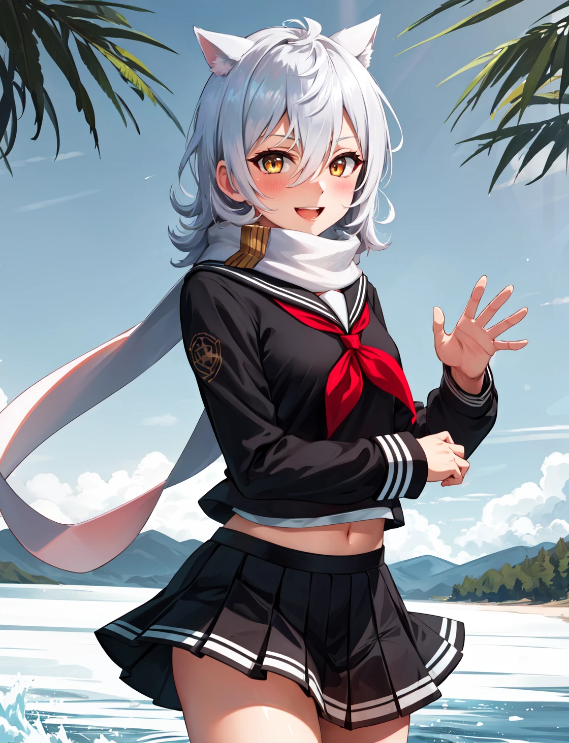 masterpiece, best quality, highres,
mayadef, 1girl, solo, scarf, short hair, animal ears, white scarf, school uniform, serafuku, hair between eyes, long sleeves, neckerchief, black serafuku, skirt, pleated skirt, red neckerchief, shirt, black skirt, bangs, black shirt, yellow eyes, white hair, sailor collar,
<lora:LoRA_Maya:1>, forest, sunlight, cloudy, waving, laughing, blush, cowboy shot, looking at viewer,