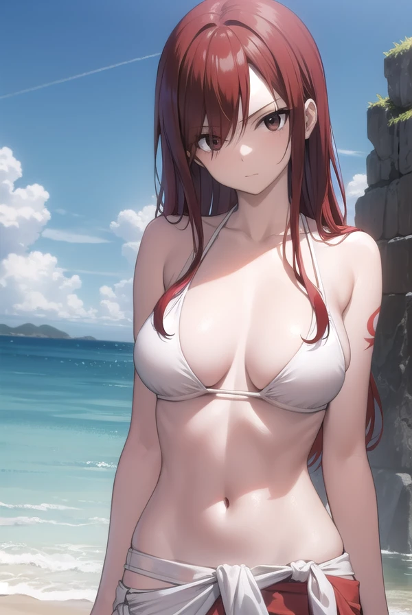 erzascarlet, <lora:erza scarlet v2-lora-nochekaiser:1>,
erza scarlet, long hair, (red hair:1.5), hair between eyes, (brown eyes:1.7),
BREAK navel, swimsuit, bikini, tattoo, white bikini, (sarong:1.5),
BREAK outdoors, beach,
BREAK looking at viewer,
BREAK <lyco:GoodHands-beta2:1>, (masterpiece:1.2), best quality, high resolution, unity 8k wallpaper, (illustration:0.8), (beautiful detailed eyes:1.6), extremely detailed face, perfect lighting, extremely detailed CG, (perfect hands, perfect anatomy),