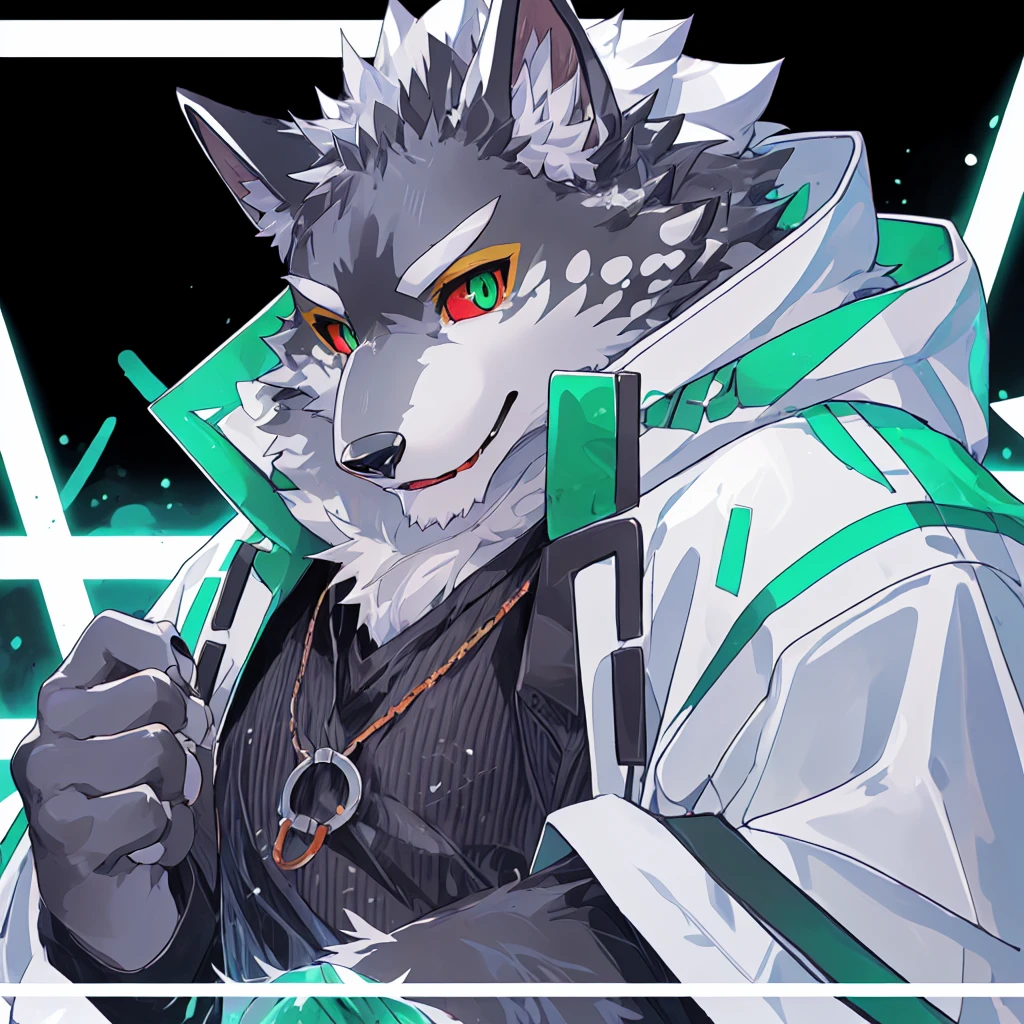 monomasa, furry, male, solo focus, wolf, tail, by kiyosan, by yupa, (by null-ghost:0.8), (by drks:0.2), detailed eyes, black pupils, green eyes, red sclera, (yellow eyeshadow:0.8), white coat, official art, illustration, (user avatar:1.2), grid background, <lora:monomasa_x2-000018:1>