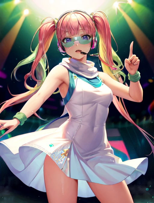 best quality, masterpiece, highres, detailed, digital artwork, <lora:Tools - add_detail:0.2>, HoshinoSora, twintails, (two-toned hair, blonde hair:2, pink hair, green hair, split bangs), forehead, goggles, tinted eyewear, headset, white and blue dress, sleeveless dress, scarf, <lora:Character - HoshinoSora:0.8>, stage, idol, pointing,