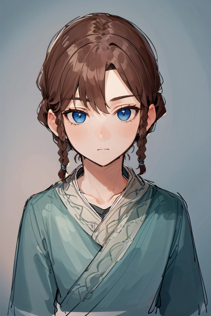 1boy, (Highest picture quality), (Master's work), (ultra-detailed), (Detailed eye description:1.2), (masterpiece, best quality, high quality, highres, ultra-detailed), solo, <lora:Hu-Jia:1>, dark blue eyes, brown hair, braids, asymmetrical bangs, bunch