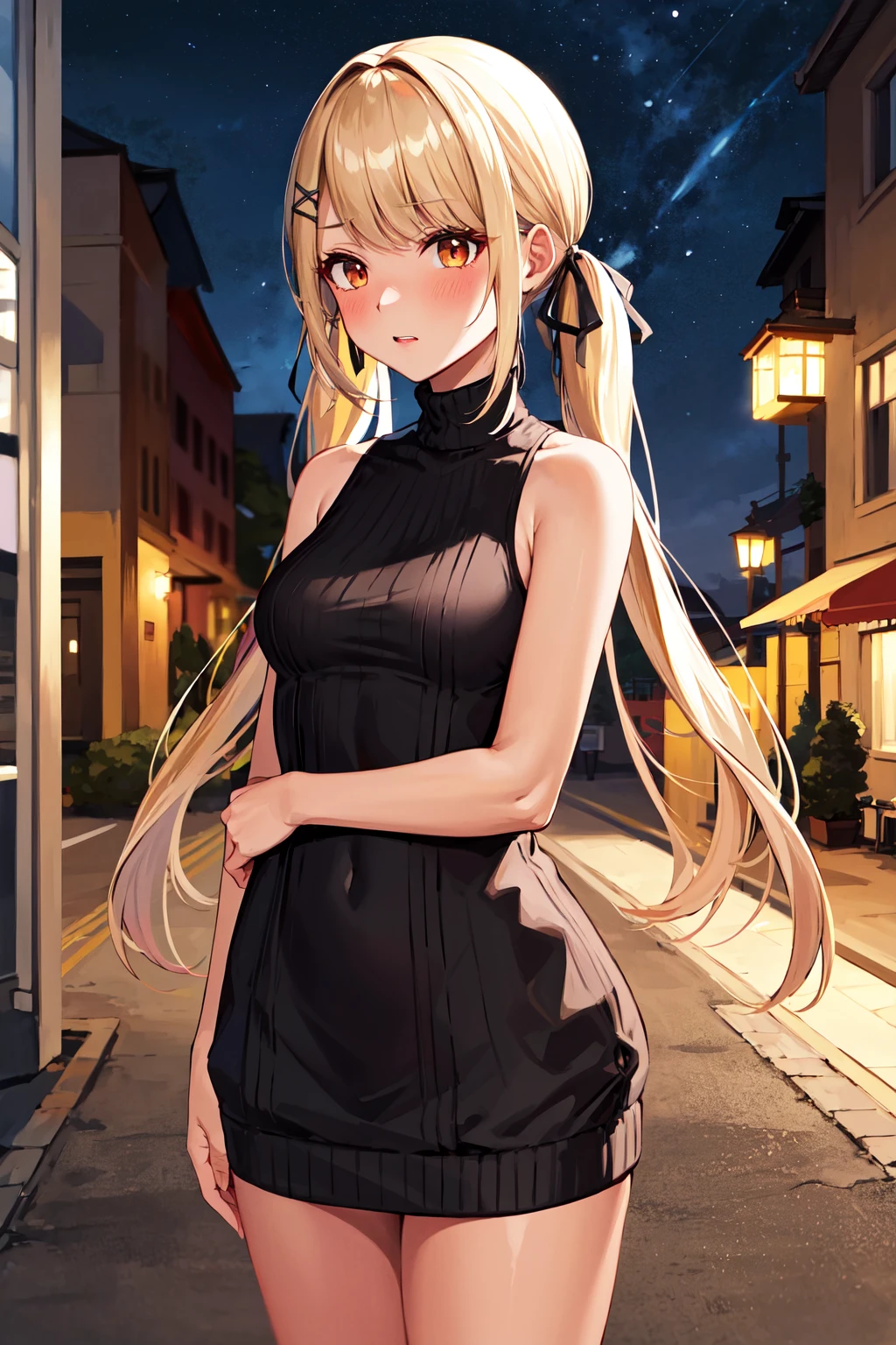 masterpiece, best quality, highres, aaqpi, long hair, low twintail, hair ribbon, hairclip, medium breasts, <lora:kaminari_qpi_v1:0.7>, night, standing, street, sweater dress, sleeveless, embarrassed,