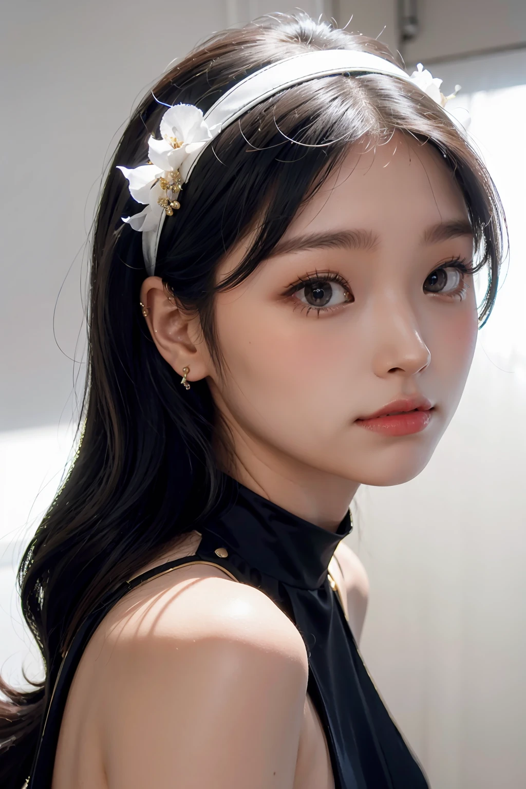 1girl, black formal long dress,white background, <lora:aikuros-04:1>