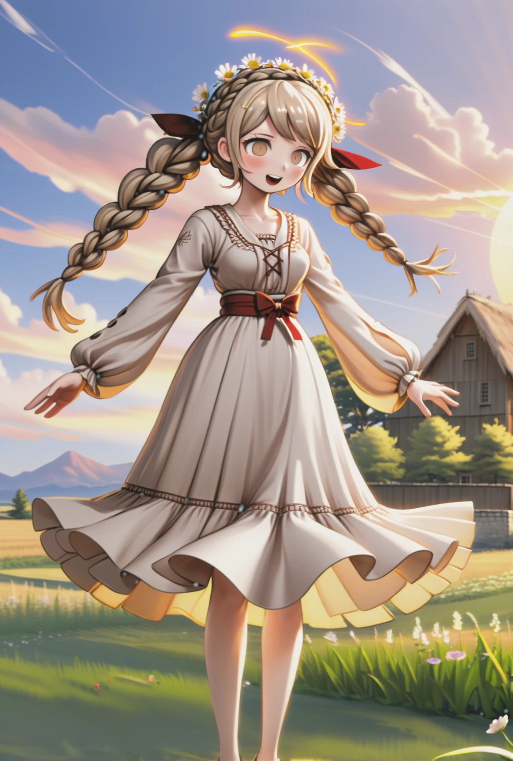 1girl, serene moment, picturesque landscape, golden hour light, flowing dress, billowing skirt, carefree gesture, wind-tossed hair, open fields, rustic setting, gentle breeze, sunset glow, rosy cheeks, joyful expression, floral crown, braided hairstyle, playful pose, danganronpa style, thick lines, full-body portrait, detailed eyes, <lora:danganronpa_style:0.8>