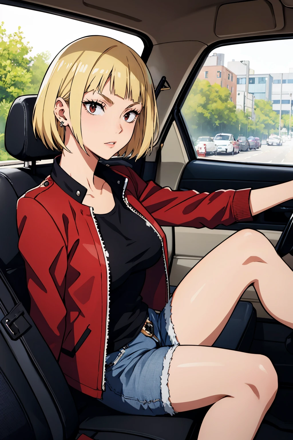 masterpiece, best quality, <lora:tanakasaeko-nvwls-v1-000009:0.8> tanaka saeko, blonde hair, earrings, black leather jacket, red shirt, large breasts, jean shorts, sitting, car, driving car, looking at viewer