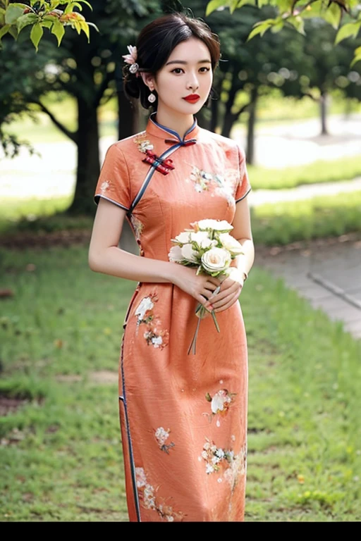 (masterpiece:1.2), best quality, masterpiece, highres, original,perfect light, 4k,8k,1girl, black hair, blurry background, bouquet, china dress, chinese clothes, day, depth of field, dress, earrings, floral print, flower, garden, holding, jewelry, lips, lipstick, makeup, nature, outdoors, realistic, red lips, short hair, solo, standing, tree, white dress, <lora:æè¢:0.7>