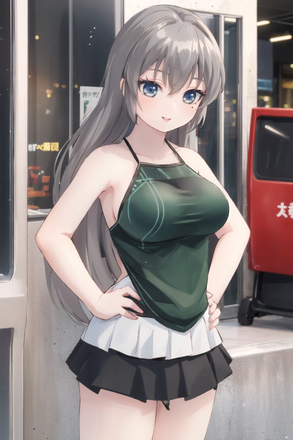 <lora:dudou2:0.8>, (dudou), smile, lips, city, miniskirt, <lora:OotoriiAsuka:0.6>, ootorii asuka, mole under eye, large breasts, hands on hips, sleeveless