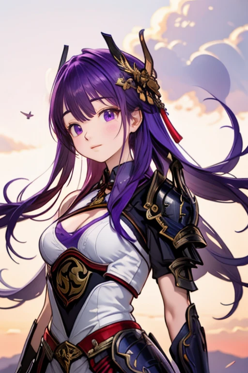 masterpiece,ultra high res,realistic,finely detail,extremely detailed,1girl,raiden boss,solo,breasts,purple hair,outdoors,sky,looking at viewer,realistic,long hair,hair ornament,cloud,cleavage,armor,medium breasts,(upper body:1.2),
<lora:raidenboss:0.6>,