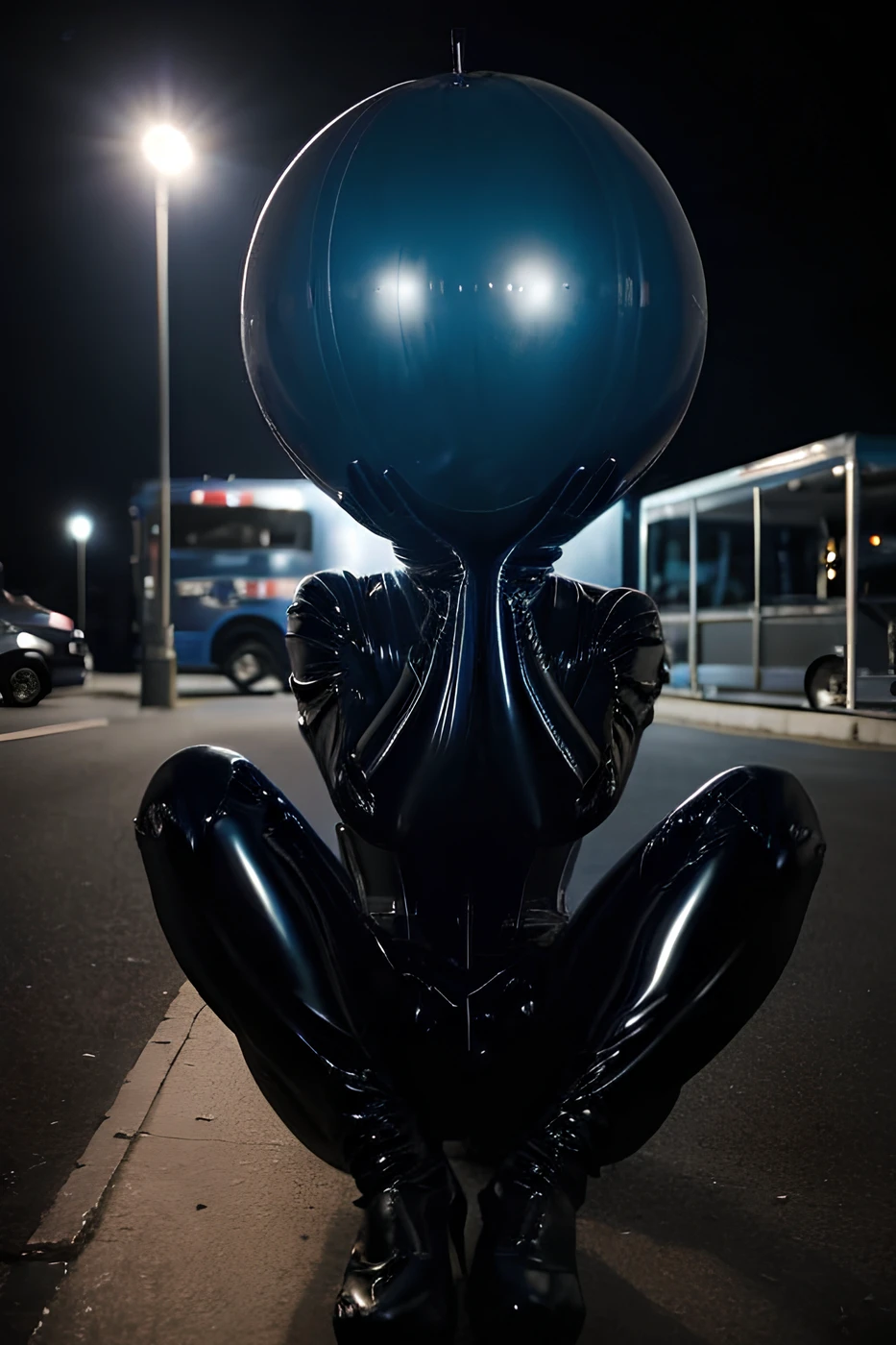 photo of woman in shiny blue ballhood and latex catsuit, black corset, black latex gloves, sitting at bus stop at night, (hands to head:1.2) ,<lora:ballhoodv2:1>, spotlight, rim light, in the dark, dimly lit, low key, deep shadow,fogs, dark, moody, softbox lighting, instax film, in the style of neon-lit pop art, photo taken with ektachrome