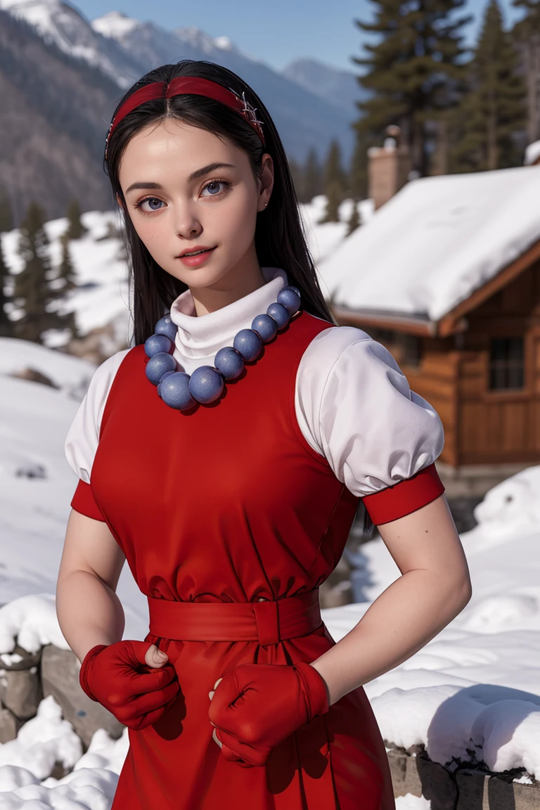 (masterpiece,  best quality:1.2),  AthenaKOF96,  1girl,  turtleneck,  balls necklace,  fingerless gloves,  red dress,  short sleeves,  puff sleeves,  belt,  medium shot,  hands on hips,  moun,  mountain,  snow,  pine tree,  perfect face,  perfect picture,  detailed eyes,  sharp focus,  full body, Blender,<lora:EMS-250988-EMS:1.000000>