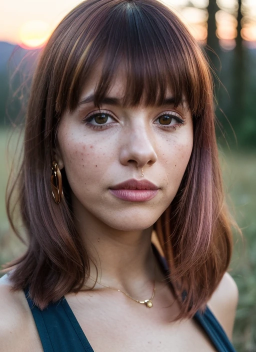 portrait of sks woman, (25yo), epic, forest, golden hour, hair with bangs, (photo, sunset, sony a7, 50 mm, matte skin, pores, colors, hyperdetailed, hyperrealistic), <lora:locon_melaniemartinez_v1_from_v1_64_32:1>