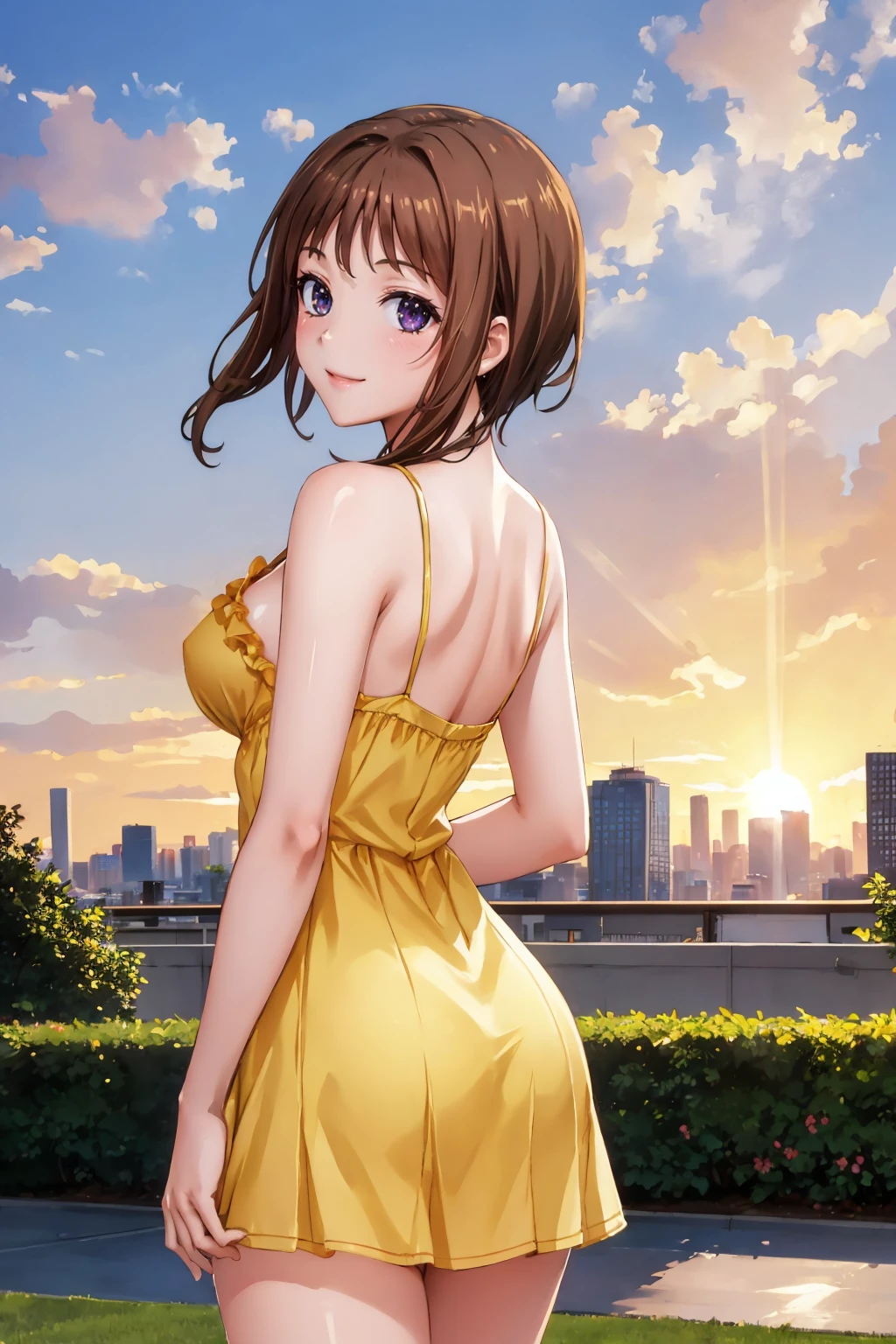 masterpiece, best quality,  <lora:wakanaui-nvwls-v1-000010:0.8> wakana ui, yellow sundress, from behind, large breasts, garden, skyline, sunset, smile