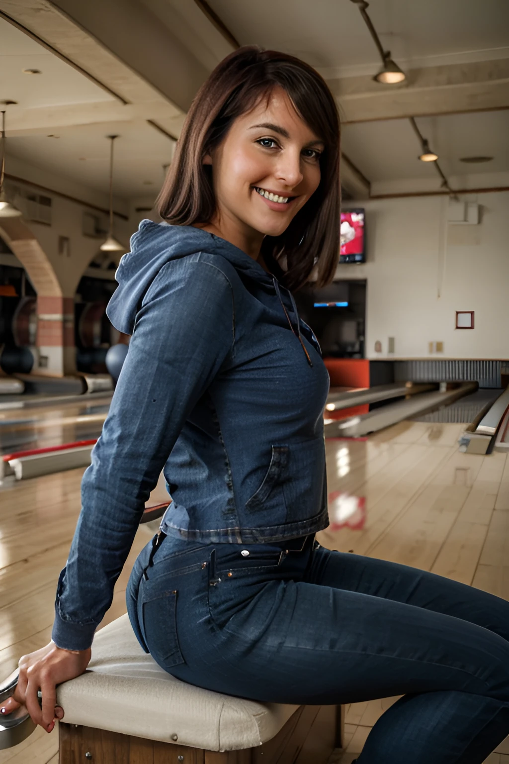 professional photograph of sops, smiling, crazy grin, arched back, blue jeans, sharp focus, skin details, wearing an oversized hoodie, (straight dark hair:1.1), sitting in a Bowling alley