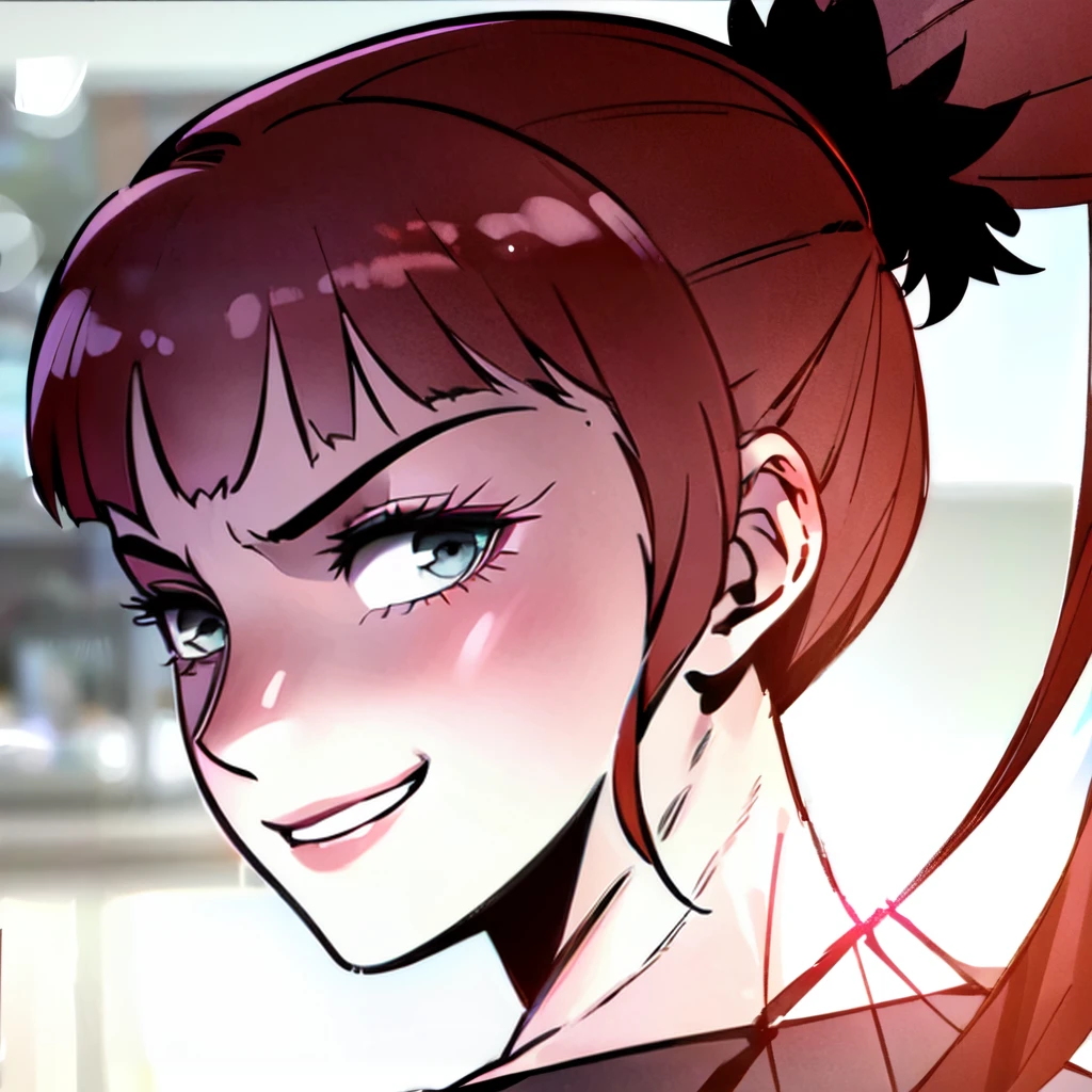 ((upper body, a woman standing in the gym, cute smile,semi side view, looking at viewer)), beautiful eyes, beautiful girl, high detail skin, high detail eyes, high detail hair, highres, ultra detailed, detailed pores, imperfect skin, detailed reflective shiny skin, diffused skin pores,sharpen picture, Highly detailed, masterpiece, best quality, <lora:SeorinLoRA:1> seorin with ponytail wearing red grey top and pants