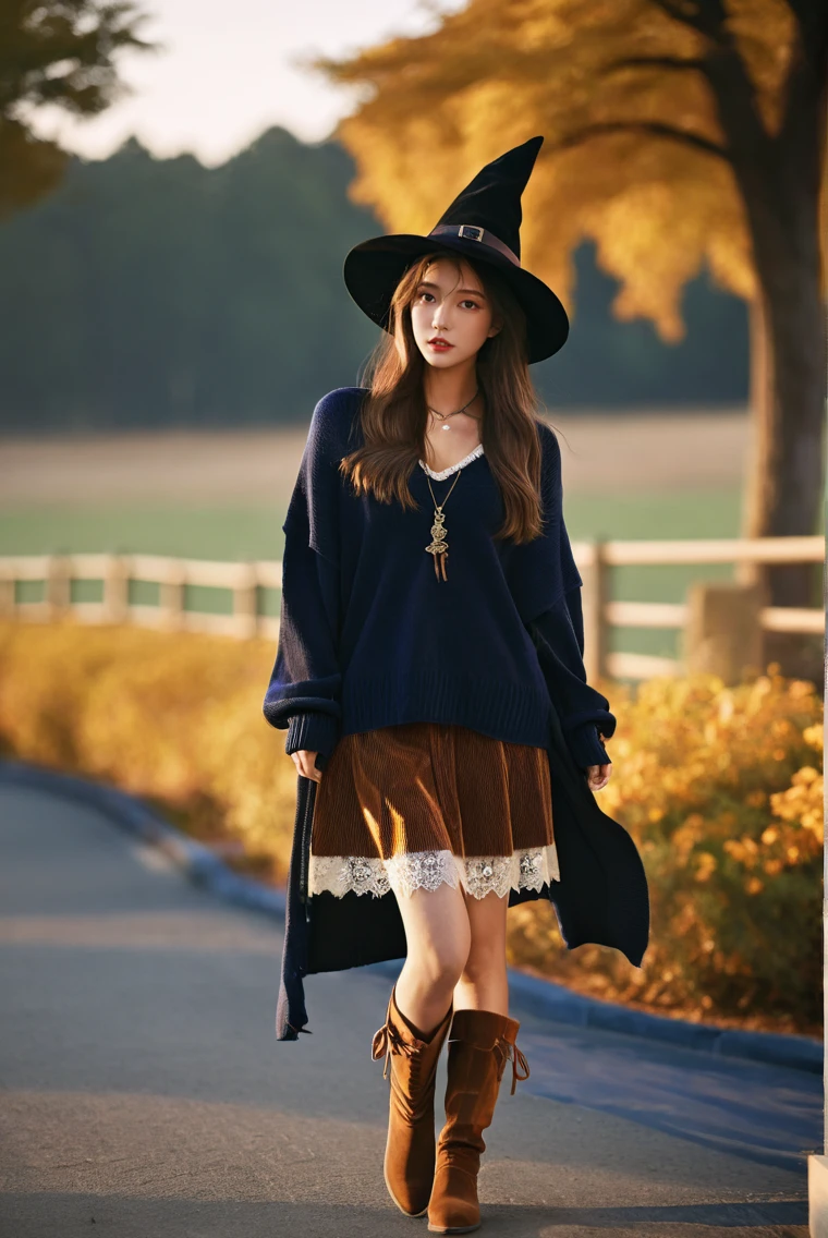 cinematic photo of (masterpiece,best quality,ultra high res:1.1),exquisite face,skin texture,(photo-realistic:1.1),
1girl,20yo,side_light,
<lora:EasyFix>,(overfit style:1.3),<lora:fengmumu_XL_0_:1>,fengmumu,(Cozy_knit_sweater:1.5),(Corduroy_skirt:1.4),(Knee-high_boots:1.3),witch costume,pointed hat,flowing robes,Halloween gathering,character portrait,(Romantic_lace_top:1.5),(Flowy_maxi_skirt:1.4),(Delicate_bracelet:1.3),, 35mm photograph, film, bokeh, professional, 4k, highly detailed