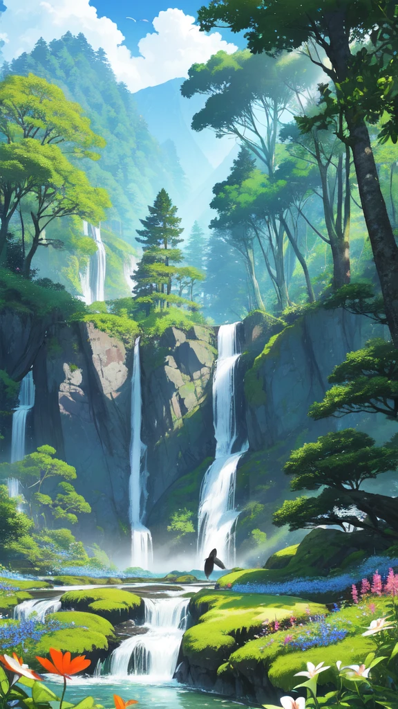 A beautiful landscape of a lush green forest with a crystal-clear river running through the middle. The forest is filled with tall trees, colorful wildflowers, and various species of birds and animals. In the background, there is a majestic waterfall cascading down from the mountains. The sky is a clear blue with a few fluffy white clouds. The overall atmosphere is serene and peaceful, inviting the viewer to escape into the beauty of nature.