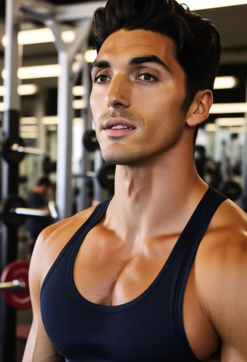 4k, Mathieu Demy a man <lora:Taylor-Zakhar-Perez_Mathieu-Demy:0.9> in the gym, sweaty, muscular, abs, pecs, slight smile, back to camera, flexing, guys in the background admiring him.