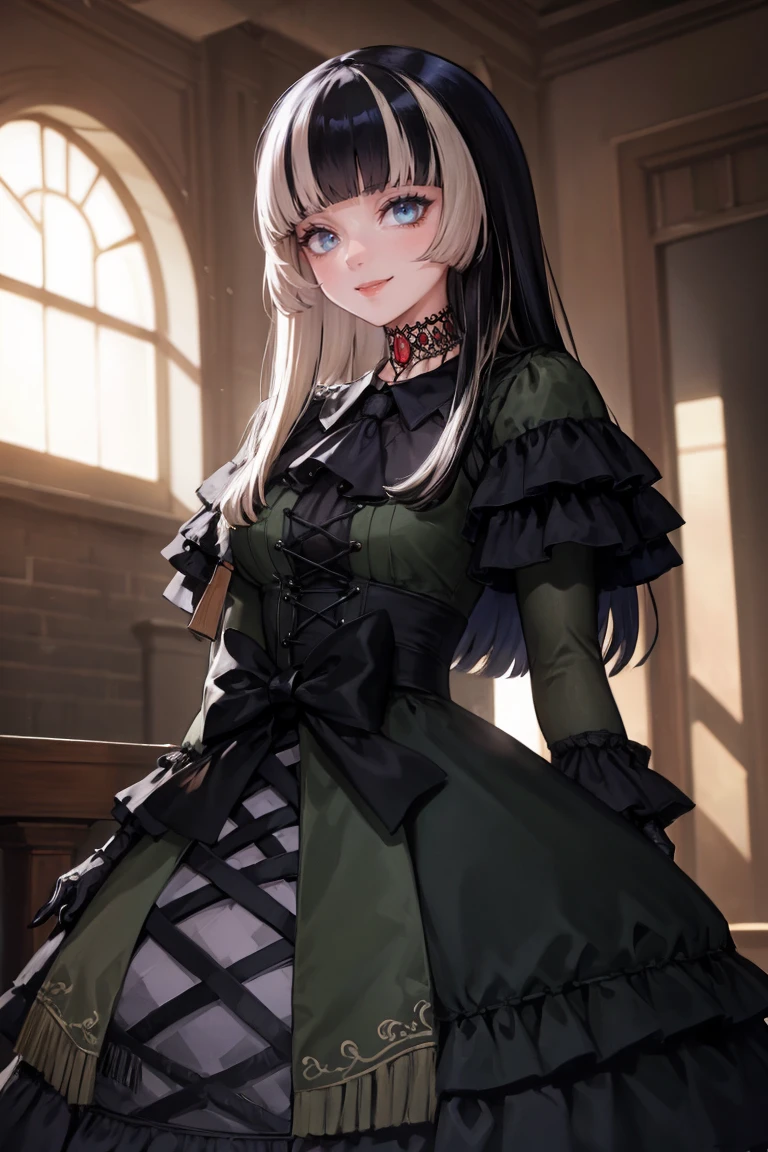 masterpiece, best quality, absurdres, RadenBase, choker, black dress, frills, long sleeves, black gloves, standing, indoors, gothic theme, smile, <lora:JuufuuteiRaden:1>