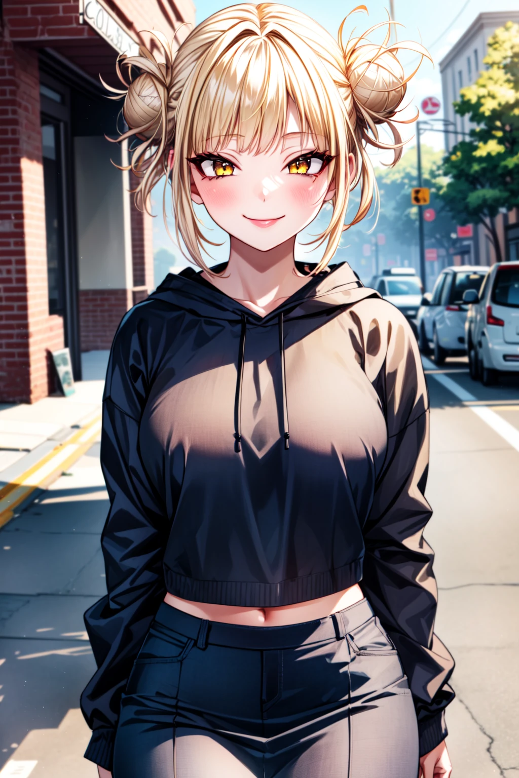 (best quality:1.2), 1girl, (masterpiece:1.2), raytracing, cute face, perfect face, ultra detailed,detailed face, 8k wallpaper, wide hips, <lora:more_details:0.5>, TogaHimiko_NDV, 1girl, yellow eyes, blonde hair, large breasts, short hair, double bun, hair bun, messy hair, <lora:TogaHimiko_NDV:0.7>, outdoor, smile, skirt, sweatshirt, skirt