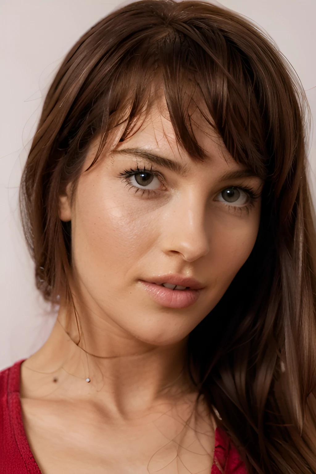 sops, professional portrait of 1girl in a red top with hair parted in the center, heavy eyelids, pink lipgloss, youthful, pretty face, face details, looking at viewer, lips parted ((plain white background), sharp focus