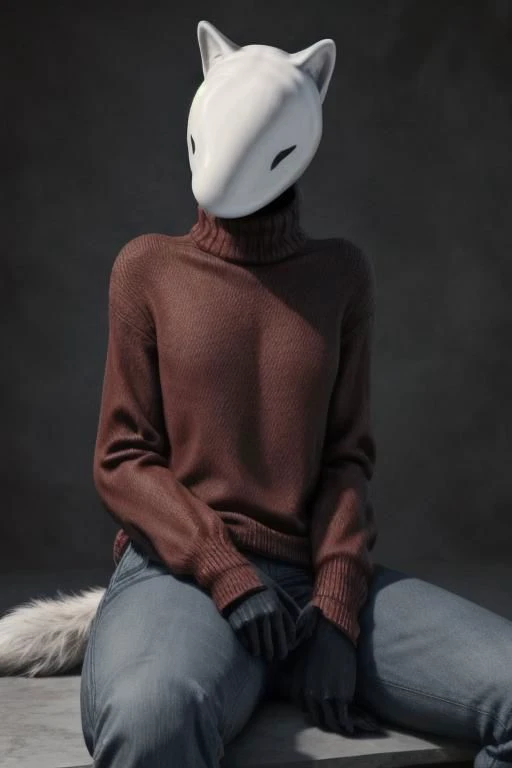 ASCIIreal e621, photorealistic, masterpiece, (((blank canine face, no face, faceless mouthless)), furred slim canine body, wearing gloves and red turtleneck sweater and jeans, sitting,