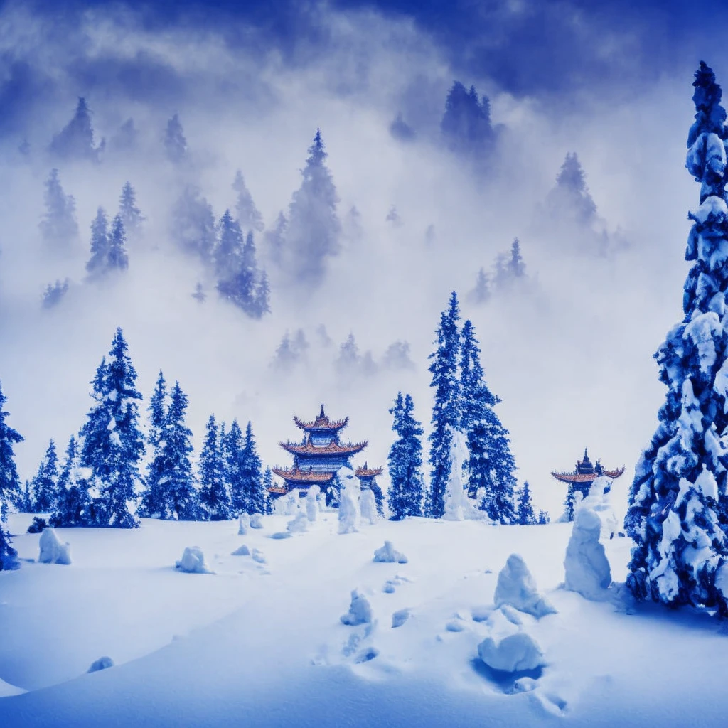 4k, 8k, exquisite visuals, high-definition images, high pixels, high resolution, 1 white palace, palace gate made of white snow, with a Chinese style white archway, inscription, plaque, four corners raised, fairyland, clouds and mist, wind, white clouds, white skyï¼ <lora:forest_snow:1>